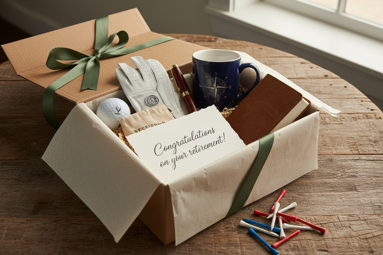 Congratulations Cosio Gift Box, Retirement, Golf Glove, Golf Ball, Leather Journal, Mug, Pen
