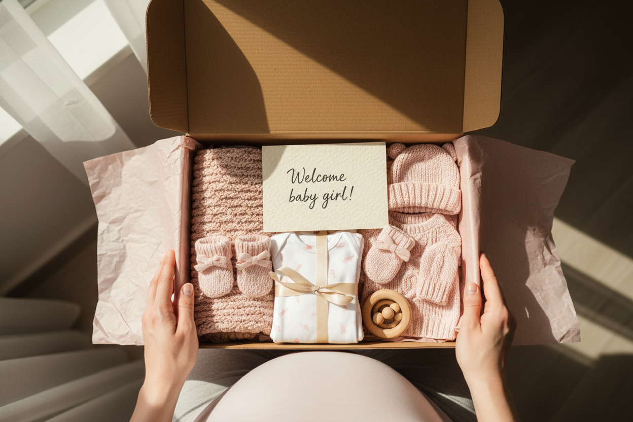 New Baby Cosio Gift Box, Pinks, Girl, Blanket, Beannie, Booties, Mittens, Rattle, Outfit