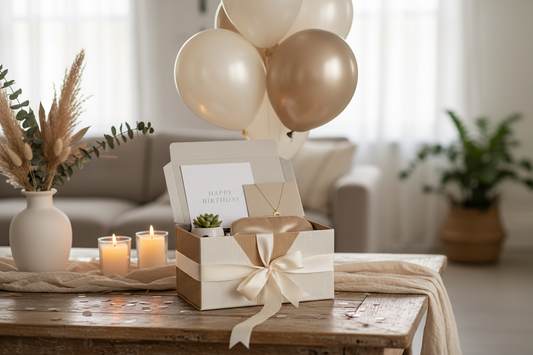 The Birthday Box by What's Cosio, Elegant birthday for her, necklace, small plant