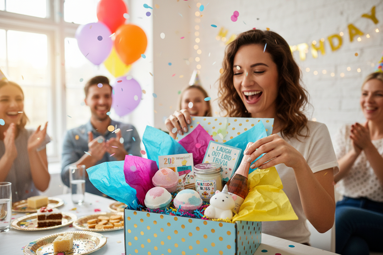 The Birthday Box by What's Cosio, Womans birthday, fun, game, gift-card, sparkling cider, bath bombs