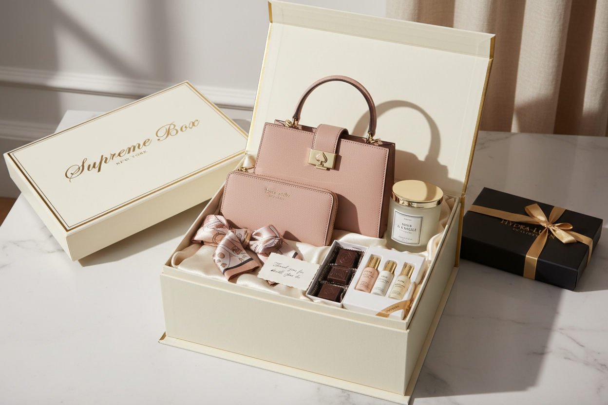 an elegant, high end curated gift box mailer that says "Supreme Box", and includes a Kate Spade purse as hero and elevated and centered. add five items to compliment the purse. matching wallet, scarf, high end candle, chocolates, high end skin care trio wrapped in a box. elegant and beautiful surroundings and a note that says "Thank you for all you do"
