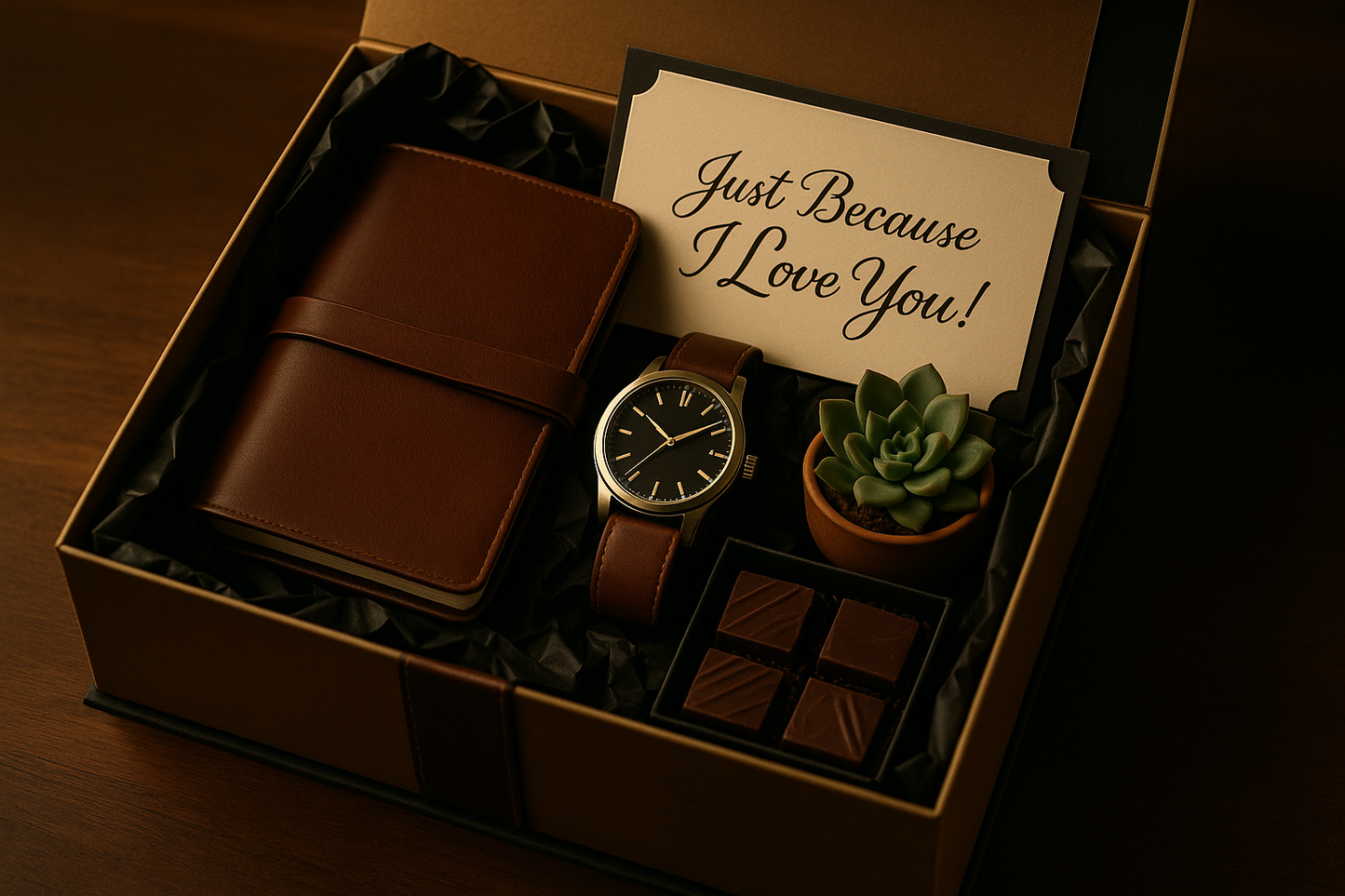 try again with a leather journal, watch, plant, chocolates, just because I love you notecard