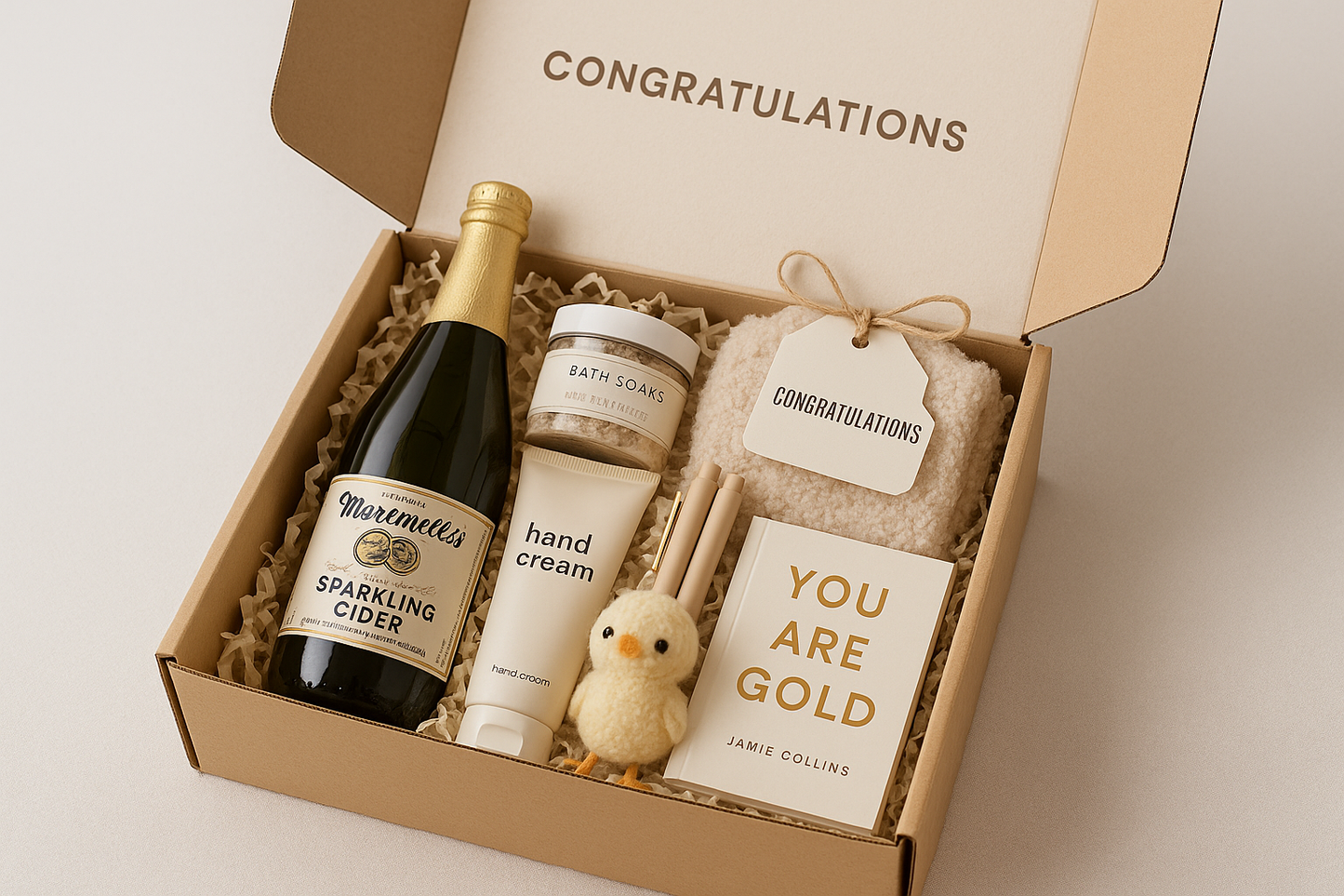 Congratulations Cosio Gift Box, Basic, Sparkling Cider, Hand Cream, Bath Soaks, Book, Plush, Pens