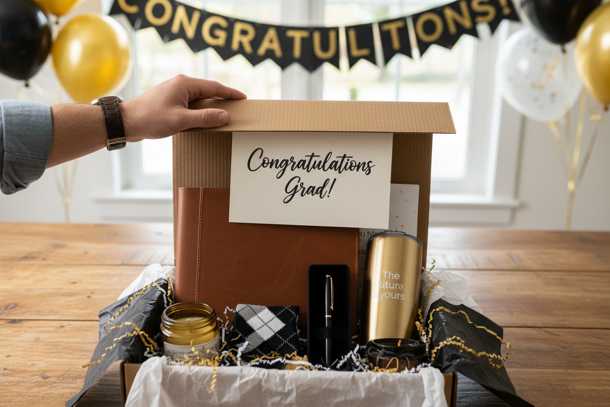 Congratulations Grad Cosio Gift Box, Classic, Tumbler, Leather Portfolio, Pen, Socks, Candle