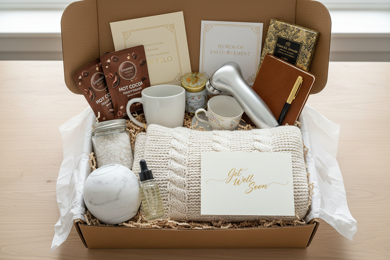 Get Well Cosio Gift Box, Diffuser, Massager, journal, pen, blanket, bath salts words of encouragement