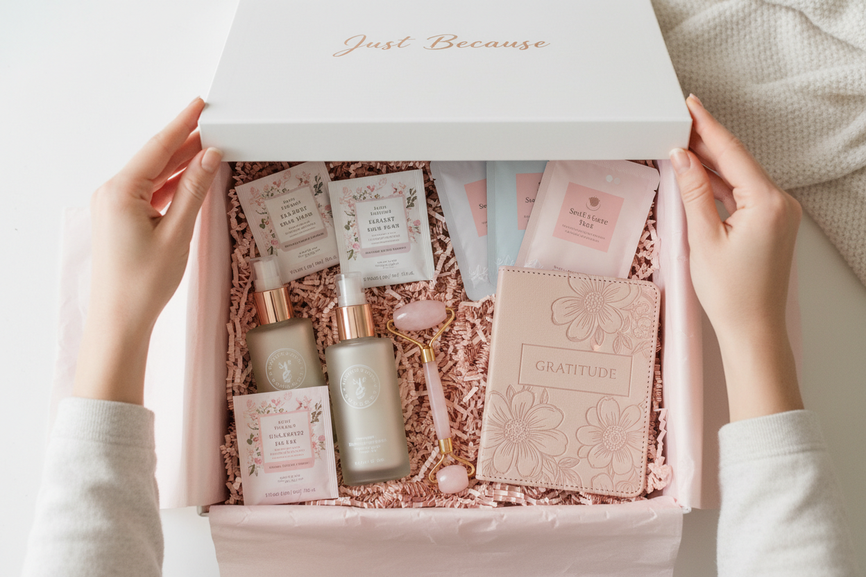Just Because Cosio Gift Box, Basic, Pinks, Gratitude Journal, Face masks and Face Roller