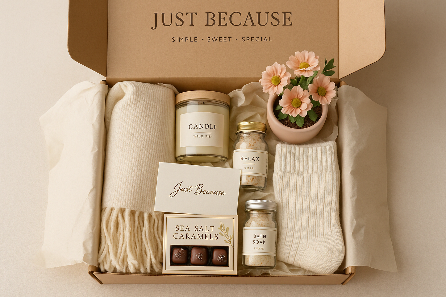Just Because Cosio Gift Box, Neutrals, Fuzzy Socks, flower, bath soak, candle, scarf