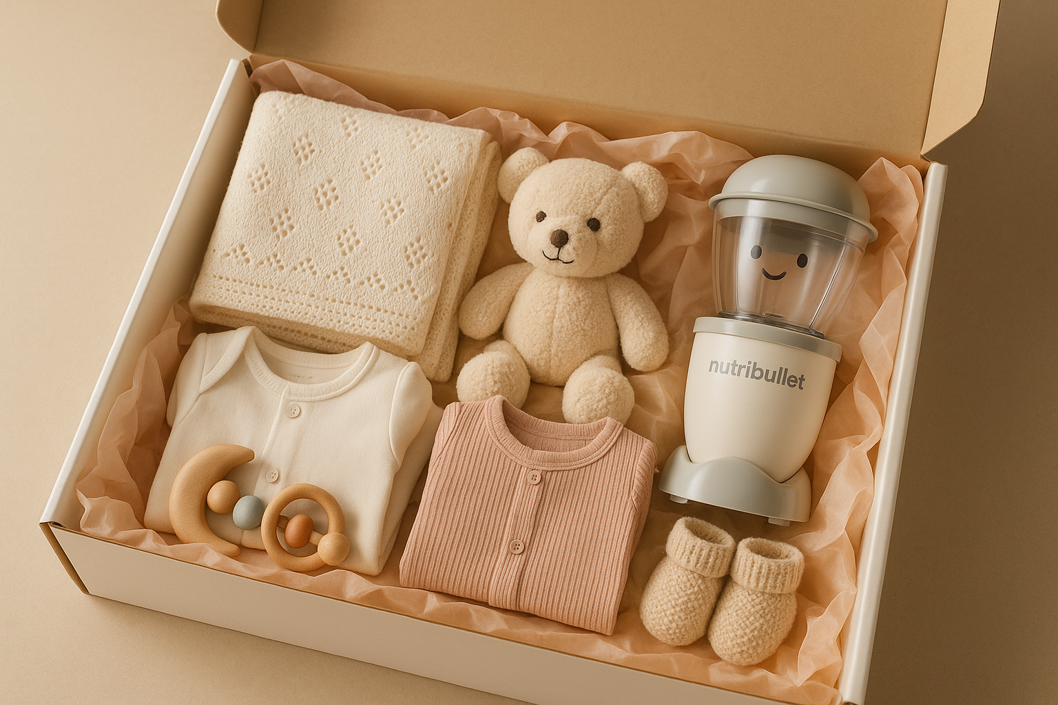 New Baby Cosio Gift Box, Nutribullet, Plush, Booties, Rattle, Outfit