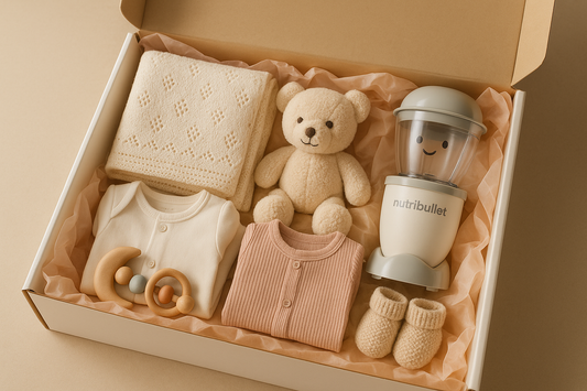 New Baby Cosio Gift Box, Nutribullet, Plush, Booties, Rattle, Outfit