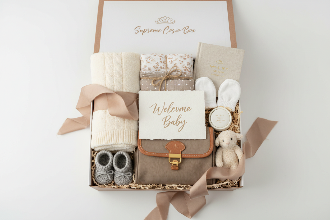 New Baby Cosio Gift Box, Supreme, Premium Baby Bag, plush, booties, mittens, baby book, blankets