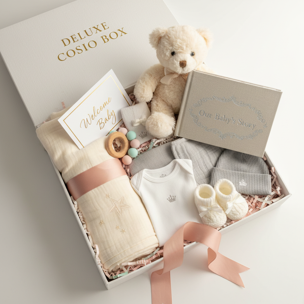 New Baby Cosio Gift Box, Deluxe, Plush, Memory Book, Booties, Blanket, Beannie, Rattle, Onesie
