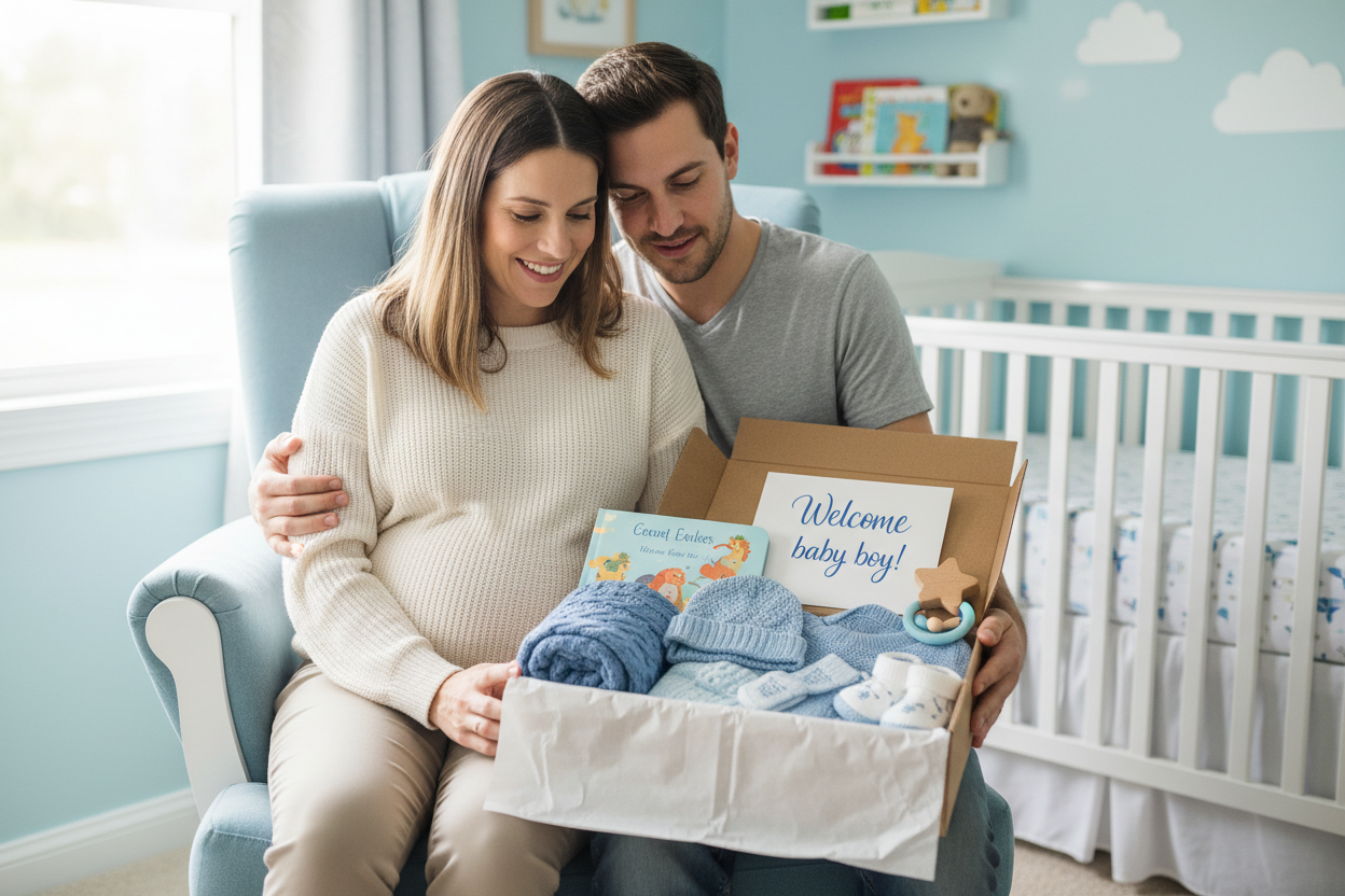 New Baby Cosio Gift Box, Boy, Blues, Baby Book, Rattle, Booties, Beannie, Outfit, Blanket