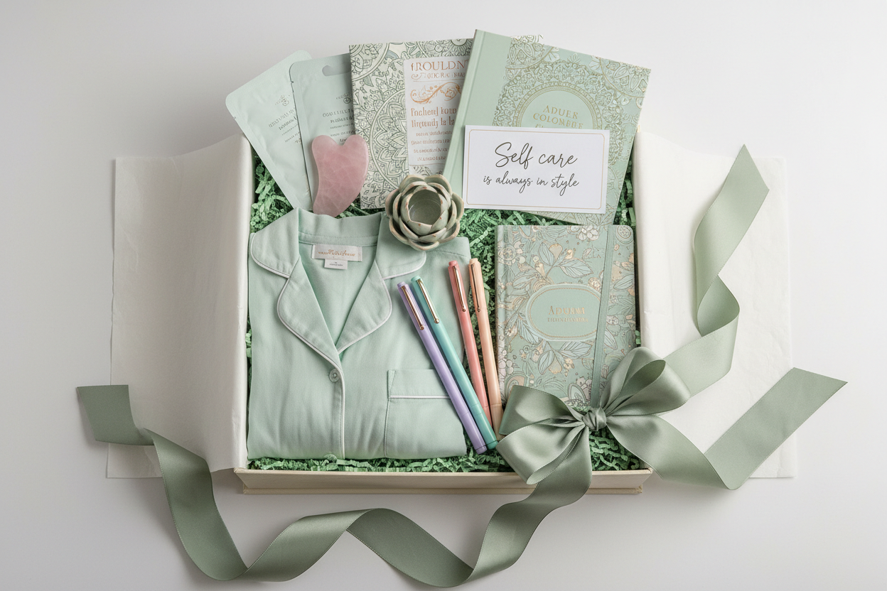 self care gift box, pastel greens, pajama, pens and notebook