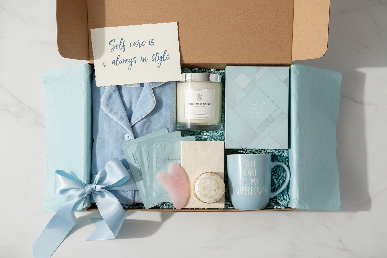 Self Care Cosio Box, Classic, Blues, Pajama, mug, masks