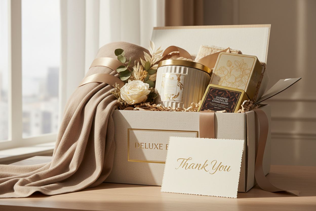 Thank You Cosio Gift Box, Deluxe, Premium Essentials, Blanket, Candle, Chocolates