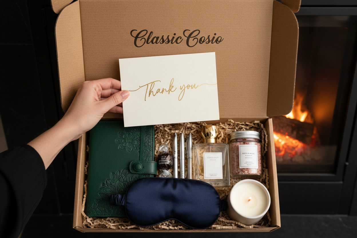 Thank You Cosio Gift Box, Classic, Journal, Perfume, Bath Salt, Candle, Sleeping Mask, Pens