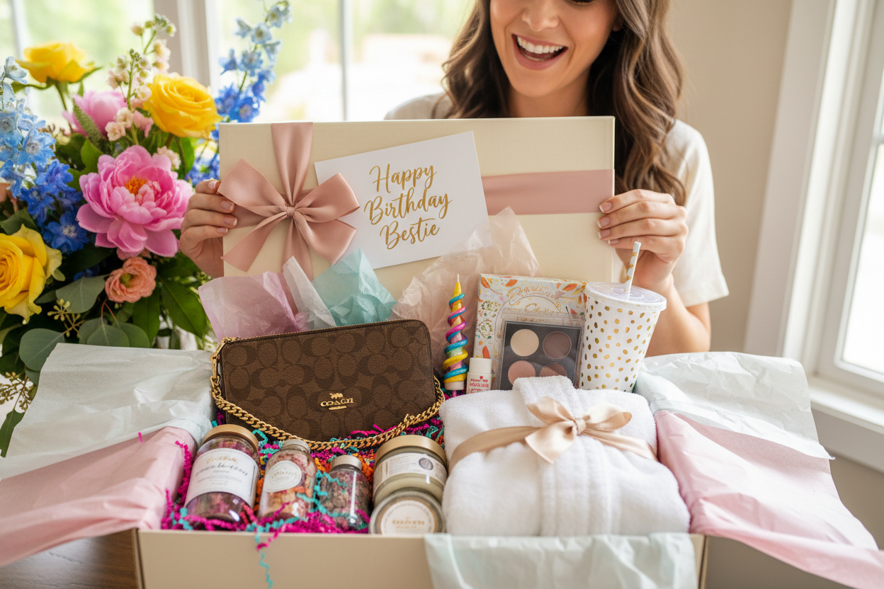 The Birthday Box by What's Cosio, Womans birthday, elegant, coach purse, tumbler, robe, bath salts