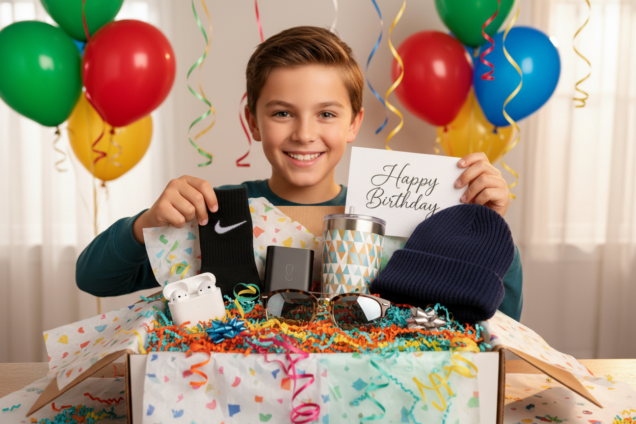 The Birthday Box by What's Cosio, Teenager Birthday Boy, Fun, Nike Socks, tumbler, beanie, ear buds, sunglasses