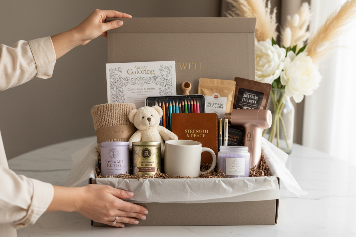 Thinking of you, Get well Cosio Gift Box, Supreme, Plush, Massager, Blanket, coloring book and pencils,teas, hot cocoa, mug, candle