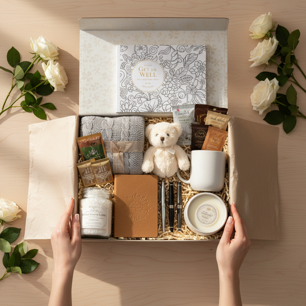 Thinking of you Get Well Cosio gift Box, Blanket, Plush, Leather Journal, Candle, Mug, Hot Cocoas