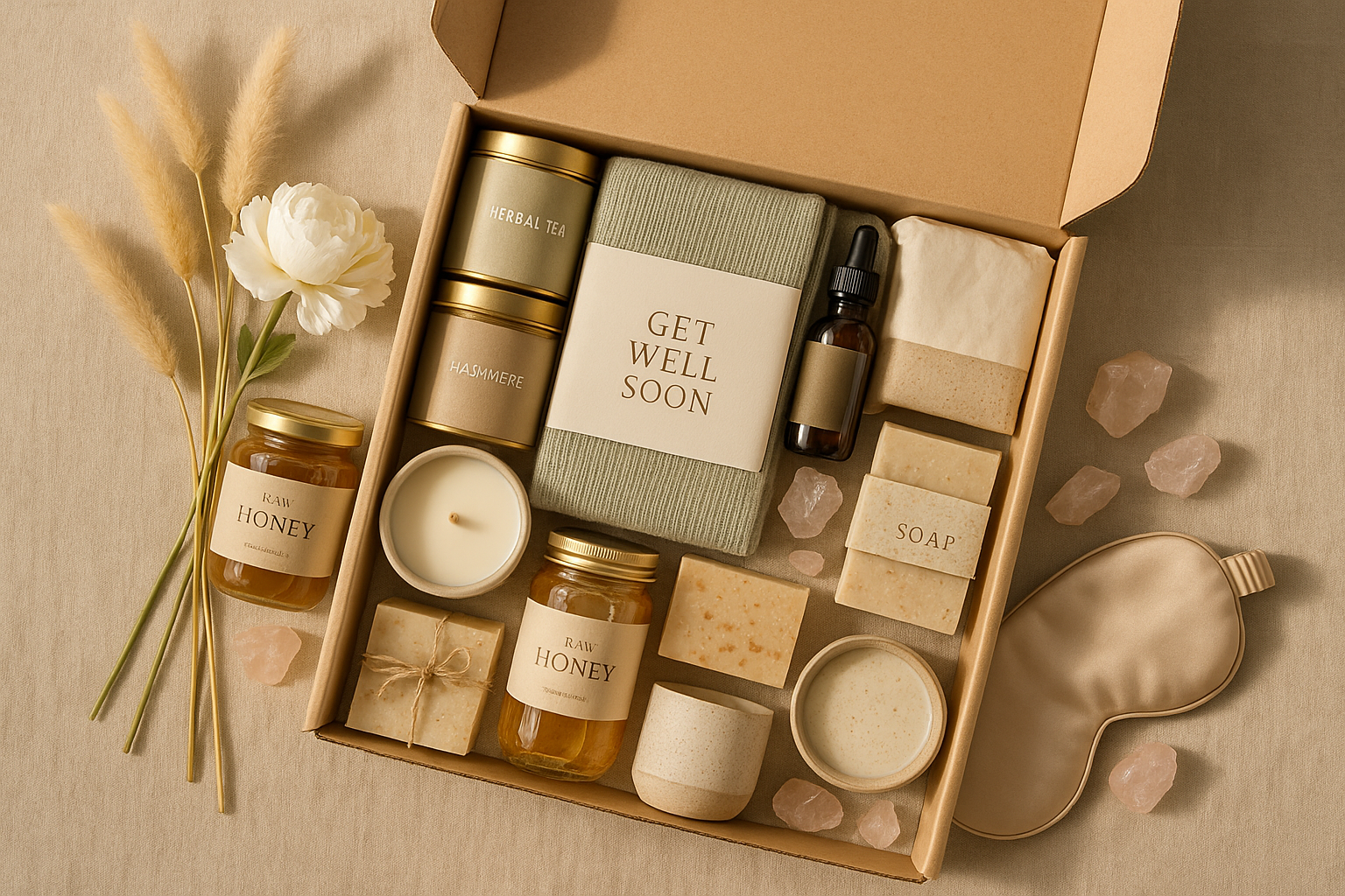 Thinking of You, Get Well Classic Cosio Gift Box, Teas, Honey, Soaps, Crystals, sleeping Mask
