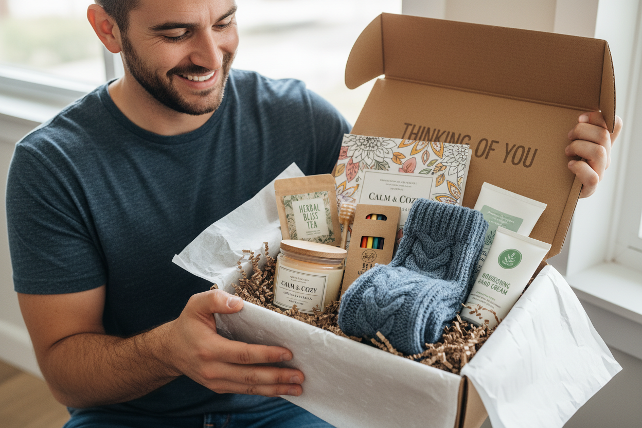 Thinking of you Get Well Classic Cosio Gift Box, Calm Coloring Book and pencils, Fuzzy Socks, Teas, Hand Cream, Candle