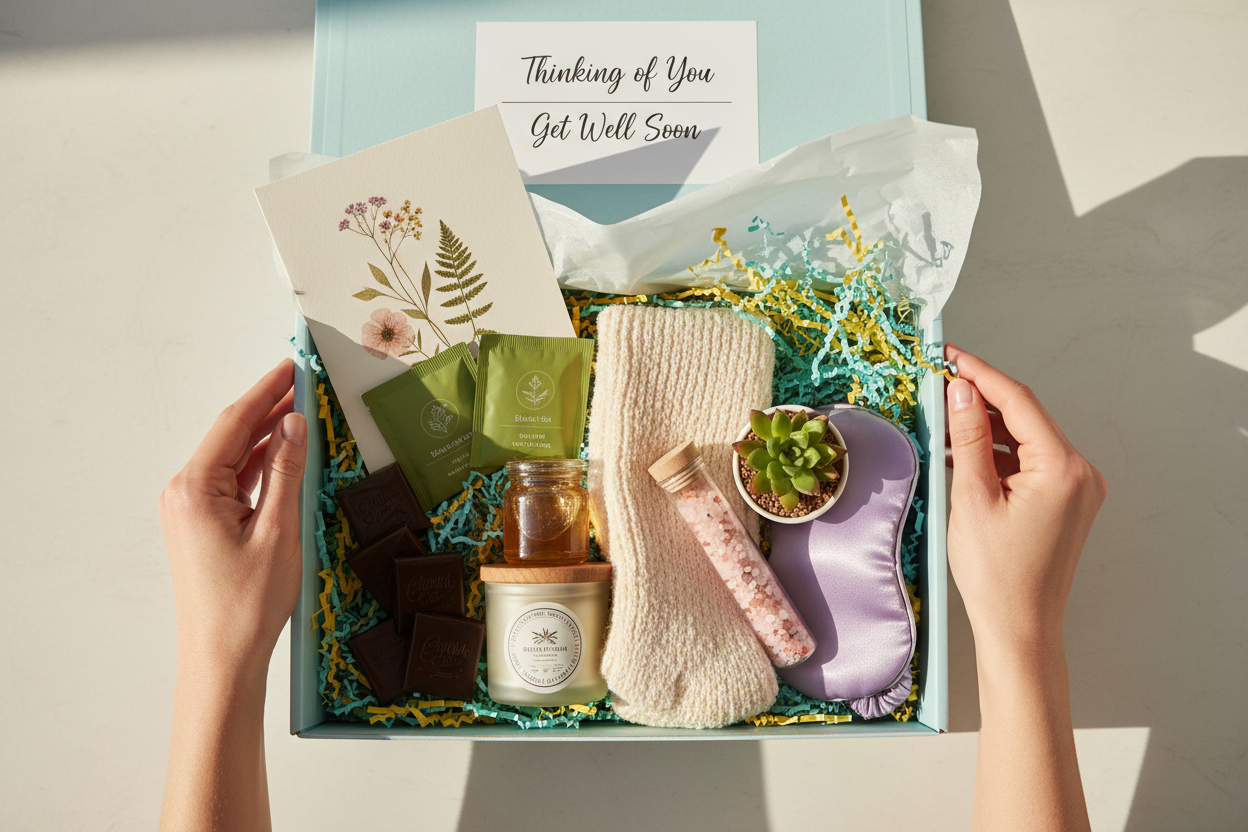 Thinking of you Get Well Cosio Gift Box, Fuzzy Socks, Bath salts, small plant, candle, sleeping mask