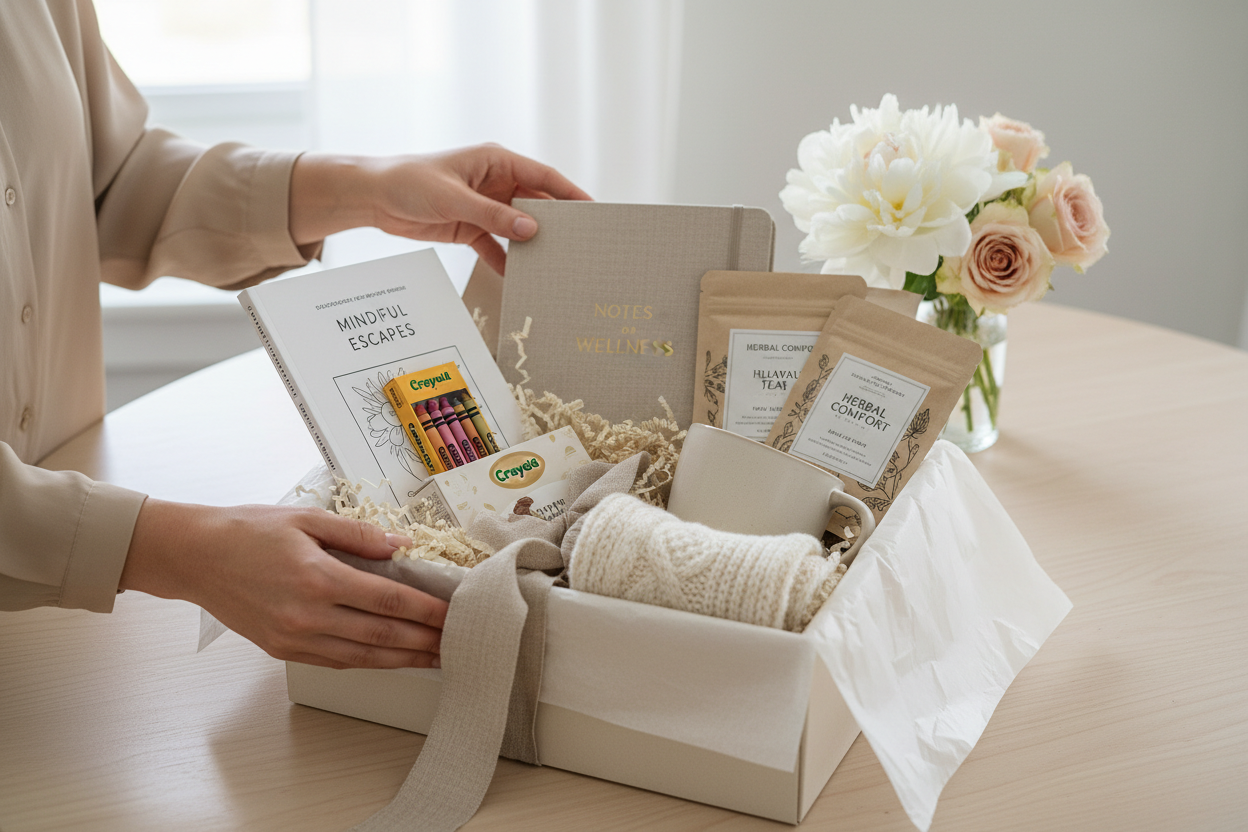 Thinking of you Get Well Cosio Gift Box, Wellness Book, Coloring Book and Crayons, Scarf, Mug, Teas