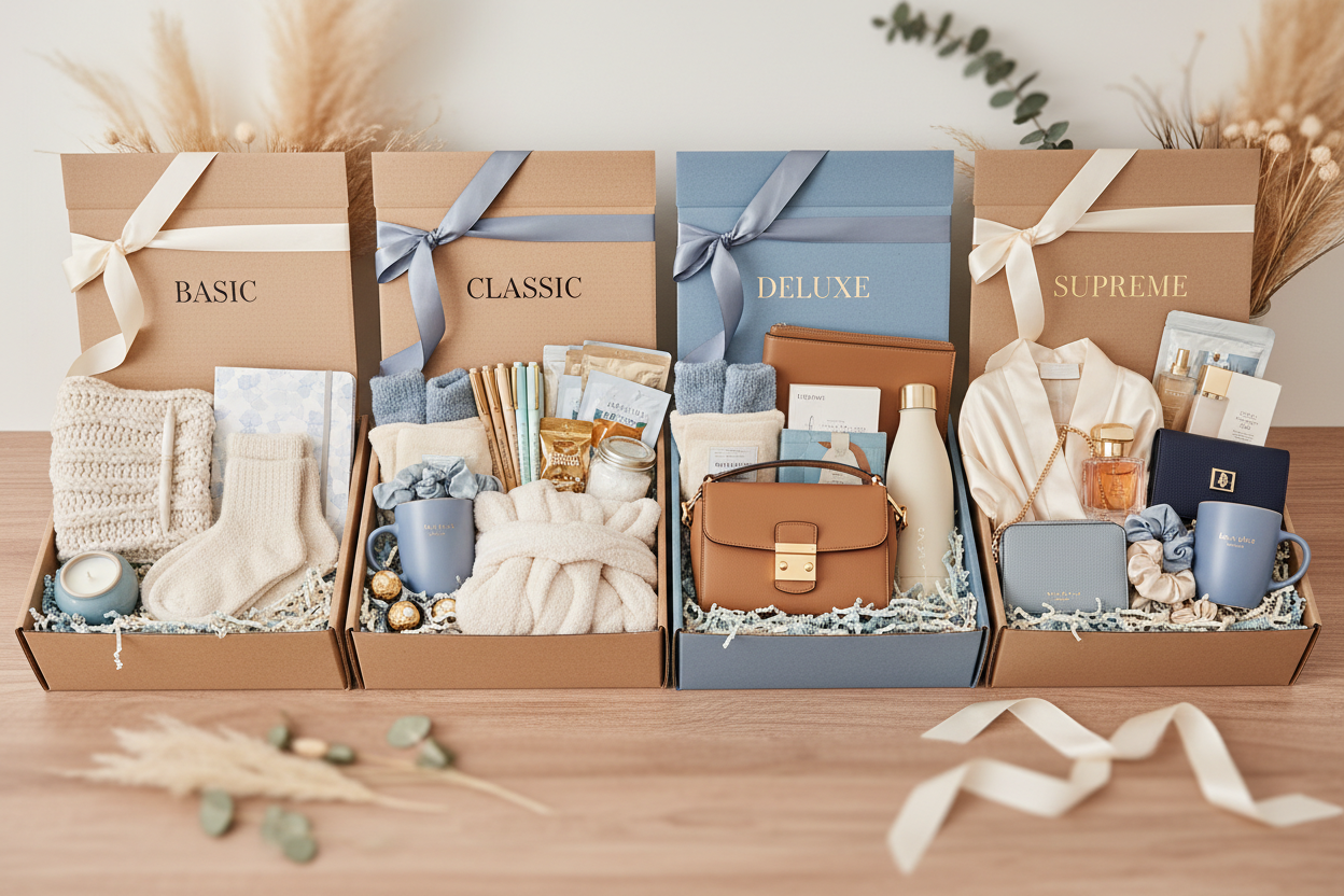 What's Cosio Gift Boxes, all sizes. Basic, Classic, Deluxe, and Supreme. Opened and showing items inside