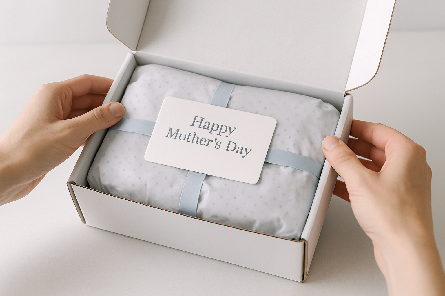 a photo of someone opening a mailer box, with whites, greys and blue mothers day