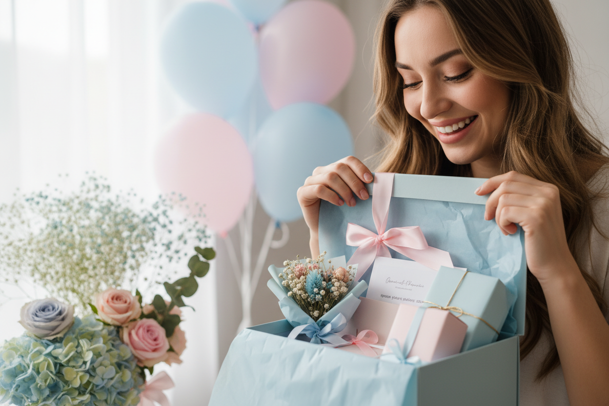 an emotional moment of a young woman opening a curated gift box mailer and smiling, warm, thoughtful, loving, with flowers or balloons in the background, use blues and pinks
