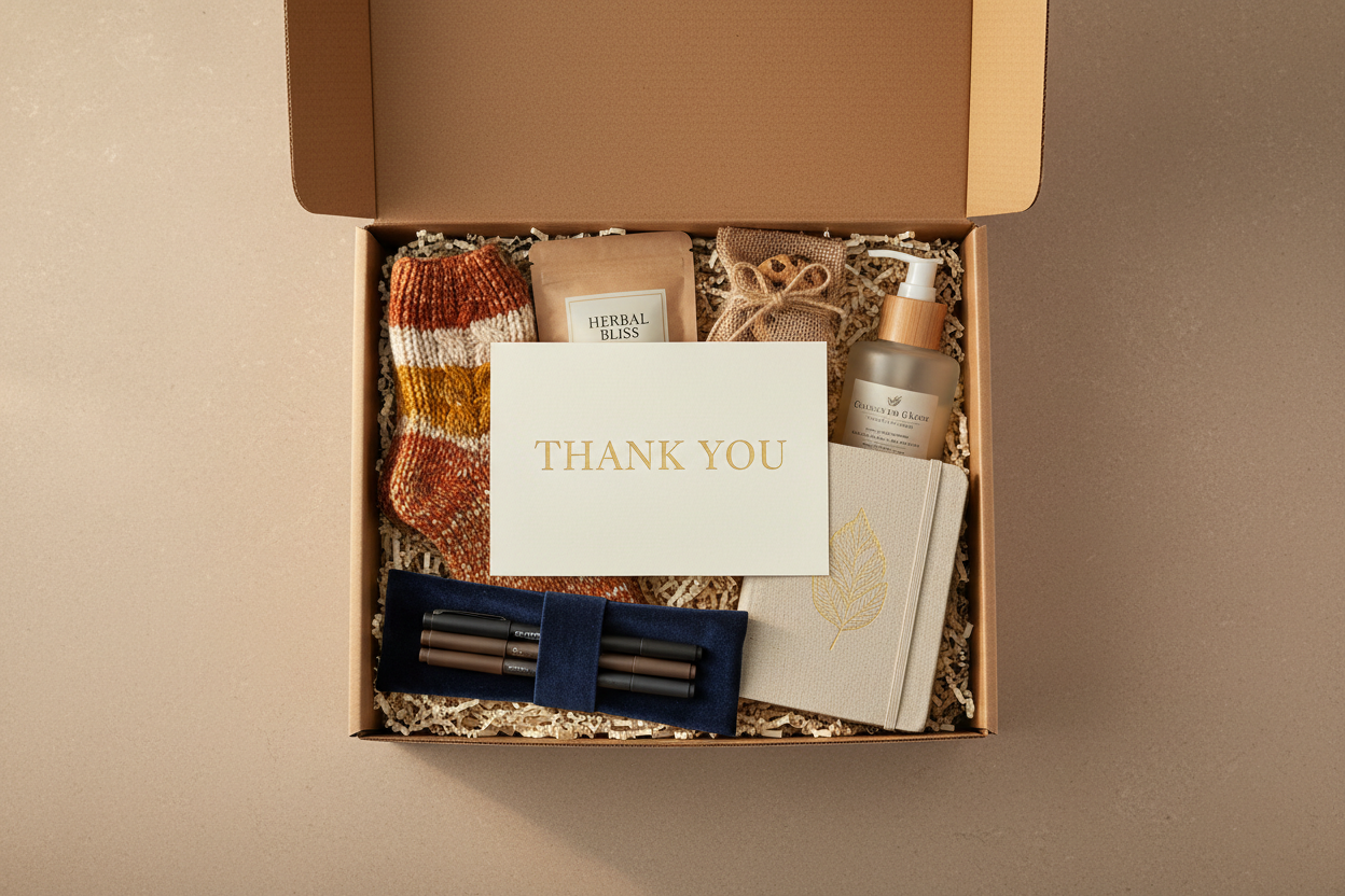Focus on experience and mood. Hero box shot, neutral background, unboxing image, open box with crinkle paper, card visible that says "Thank You" plus few item hints, warm, soft lighting, flat lay. add cozy socks and tea packet and gratitude journal with nice pack of pens and a lotion and a sweet treat