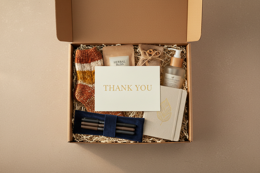 Focus on experience and mood. Hero box shot, neutral background, unboxing image, open box with crinkle paper, card visible that says "Thank You" plus few item hints, warm, soft lighting, flat lay. add cozy socks and tea packet and gratitude journal with nice pack of pens and a lotion and a sweet treat