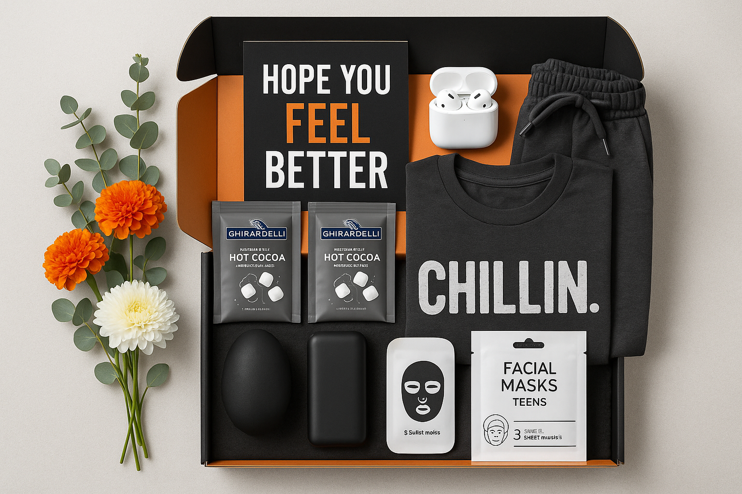 get well gift box for teen boy with fun relaxing items, hot cocoa and flowers. in a curated gift box mailer and flowers