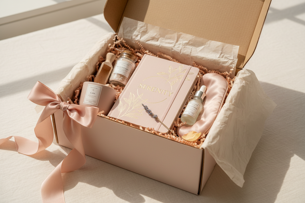 open curated gift box mailer for self care, in soft pastel blush on cream background with ribbon crinkle paper and tissue, elegant and calming aesthetic, photorealistic. add 3-5 self care items and one stand out item of a self care journal