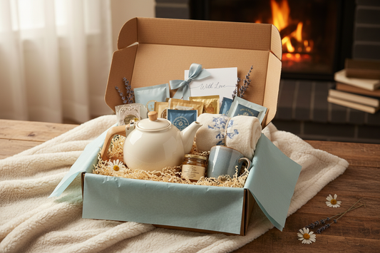 Sympathy / With Love gift box in a warm setting, opened curated gift box mailer with 5-7 items peeping out and hero being a tea kettle and tea bag gift set. Blues, creams and warm. add crinkle and tissue paper